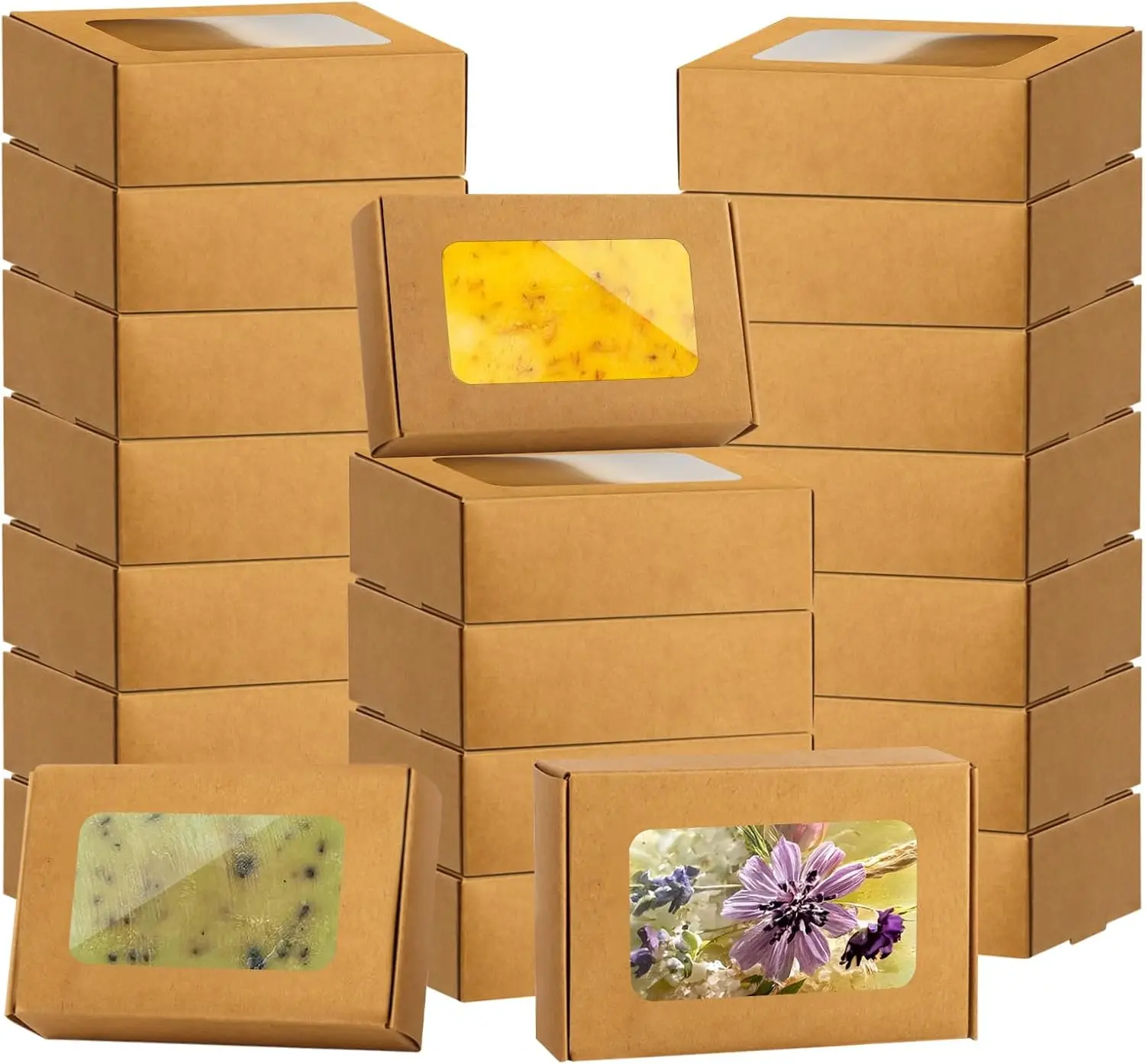 Paquete de 40 Cajas Pequeñas de Cartón Kraft con Ventana de 3.55x2.4x1.2 Pulgadas para Jabón Artesanal, Golosinas y Regalos