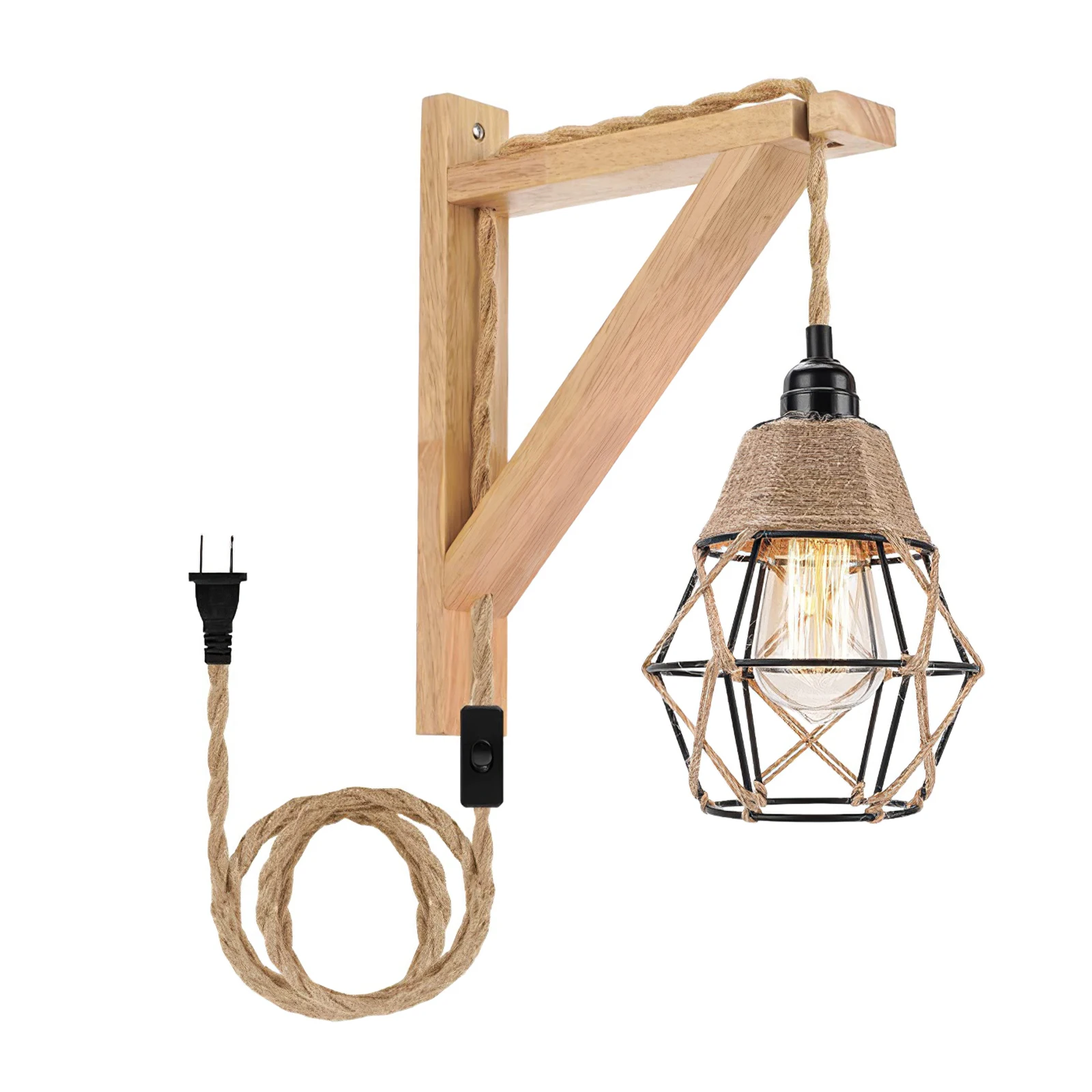 Vintage Hemp Rope Wall Lamp with Switch, Boho Wall Lamp, E27 Black Metal Cage Lampshade for Hallway Loft Bedroom Cafe Bar