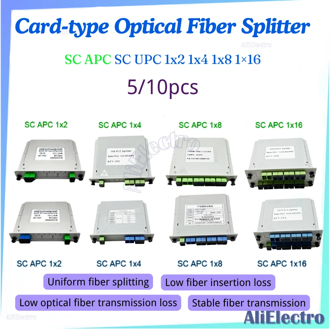 

5/10pcs PLC APC SC UPC 1x2 1x4 1x8 1x16 SM Cassette Insertion Type Fiber Optic Box Planar waveguide type Optical splitter