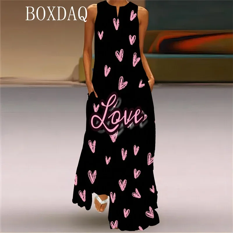 Valentine's Day Party Dress Robe For Women Letter Print Long Dress Sexy Sleeveless V-neck Casual Loose Maxi Dress Summer New