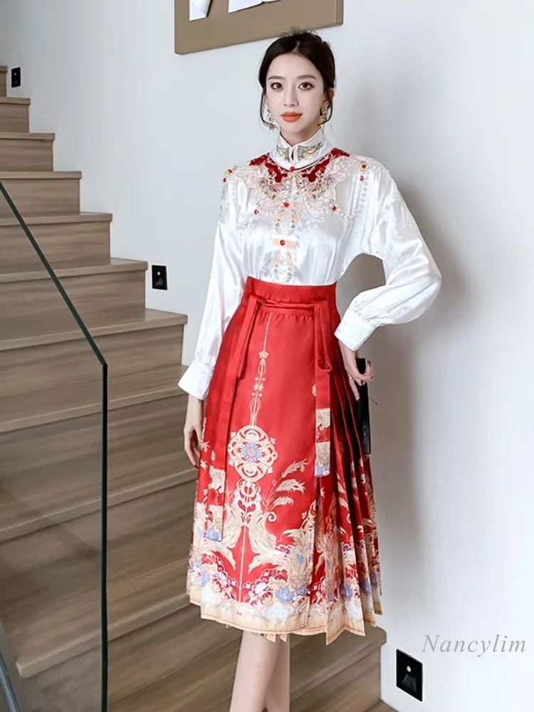 New Chinese Style Improved Horse-Face Skirt Suit Two Piece Set Women\'s Spring Summer Outfits New Long Sleeve Shirt Hanfu Skirt