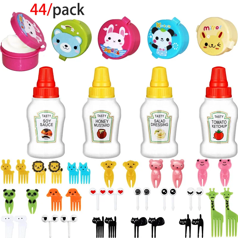 44pcs Mini Sauce Bottles Sauce Box Fruit Fork Set Squeeze Bottle Bento Box Small Sauce Containers Kitchen Tool School Lunch Box