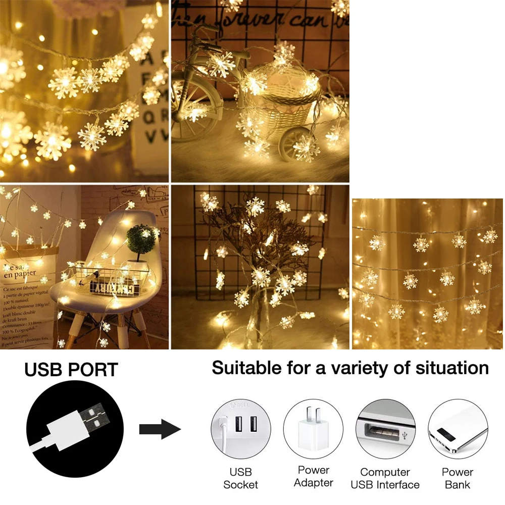 Snowflake String Lights, 3m/6m LED Fairy String Light USB Powered for Wedding Party Indoor Outdoor Decor, Warm White/Multi-Color