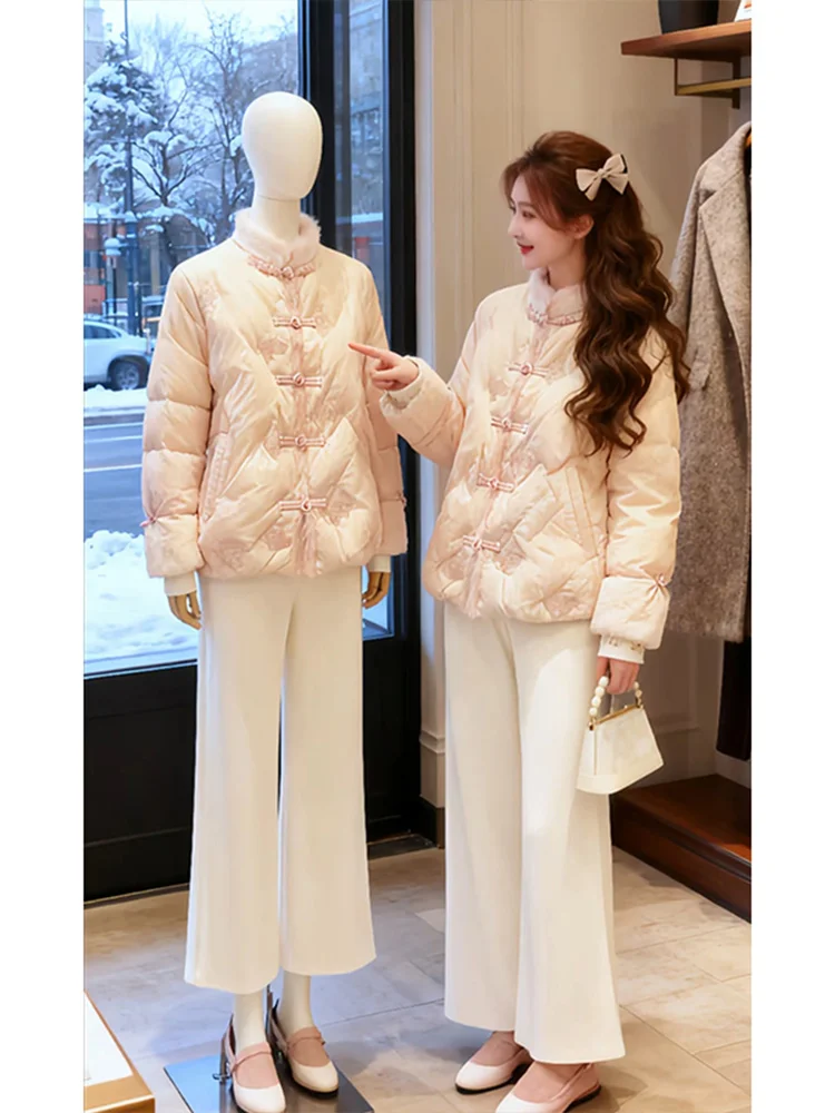 

Trendy Chinese Sle High Waist Wide Leg Pants Two Piece Set ort Cotton Jaet for Women Winter Collection Faionable C...