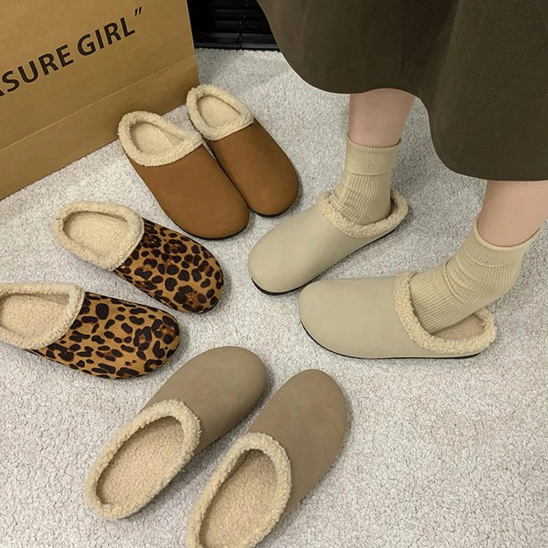 

Vintage Lamb Wool Women's Half Slippers 2025 Autumn Winter New Fashion Leopard Print Warm Flats Versatile Comfort Cotton Shoes