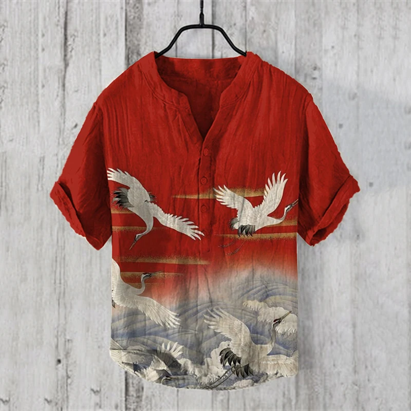 

New cross-border Hawaiian shirt sunset flying crane 3D printing v-neck shirt European size beach foreign trade exclusive men's o