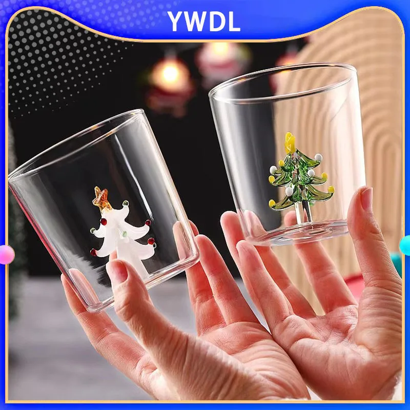 YWDL 1/2/4PCS 3D Patterns Christmas Glass Cup Coffee Wine Mug Xmas Szklane kubki do dekoracji wnętrz Prezent świąteczny 300ml