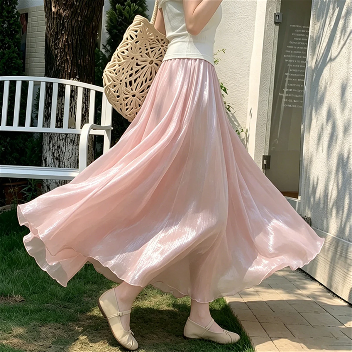 

2026 Summer Flowing Chiffon Midi Skirt For Women Fashion Elastic Waist A-line Long Maxi Skirt