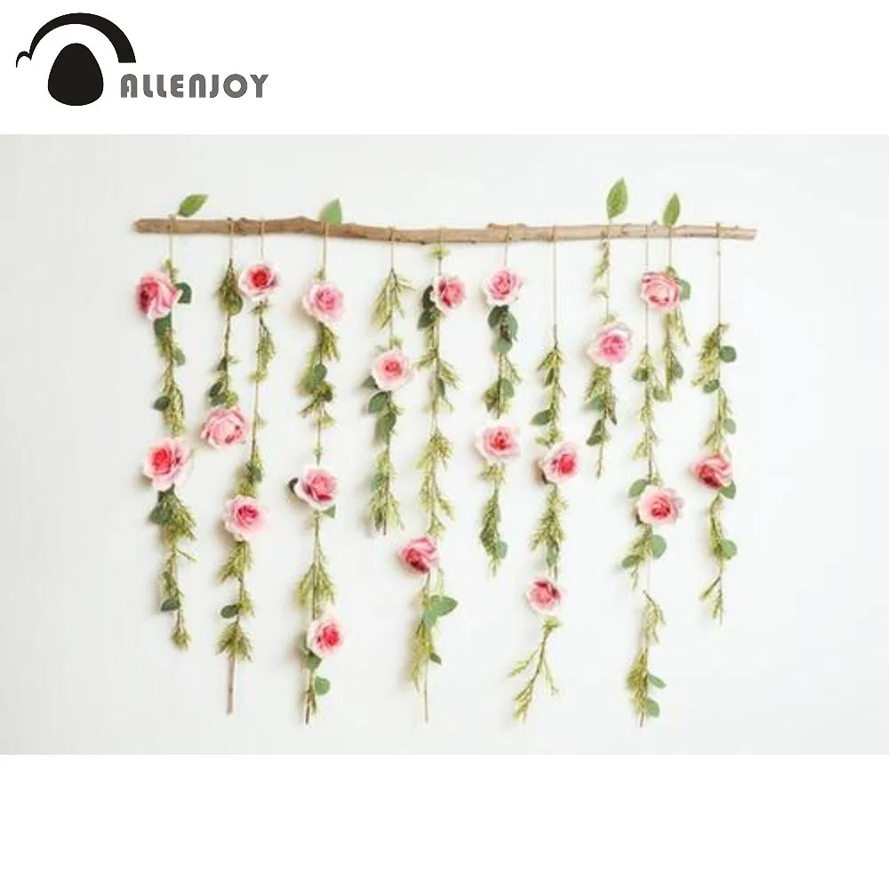 

Allenjoy Spring Pink Floral Decor Photography Backdrop Roses and Leaves on Branch for Wedding Portrait Photoshoot Background