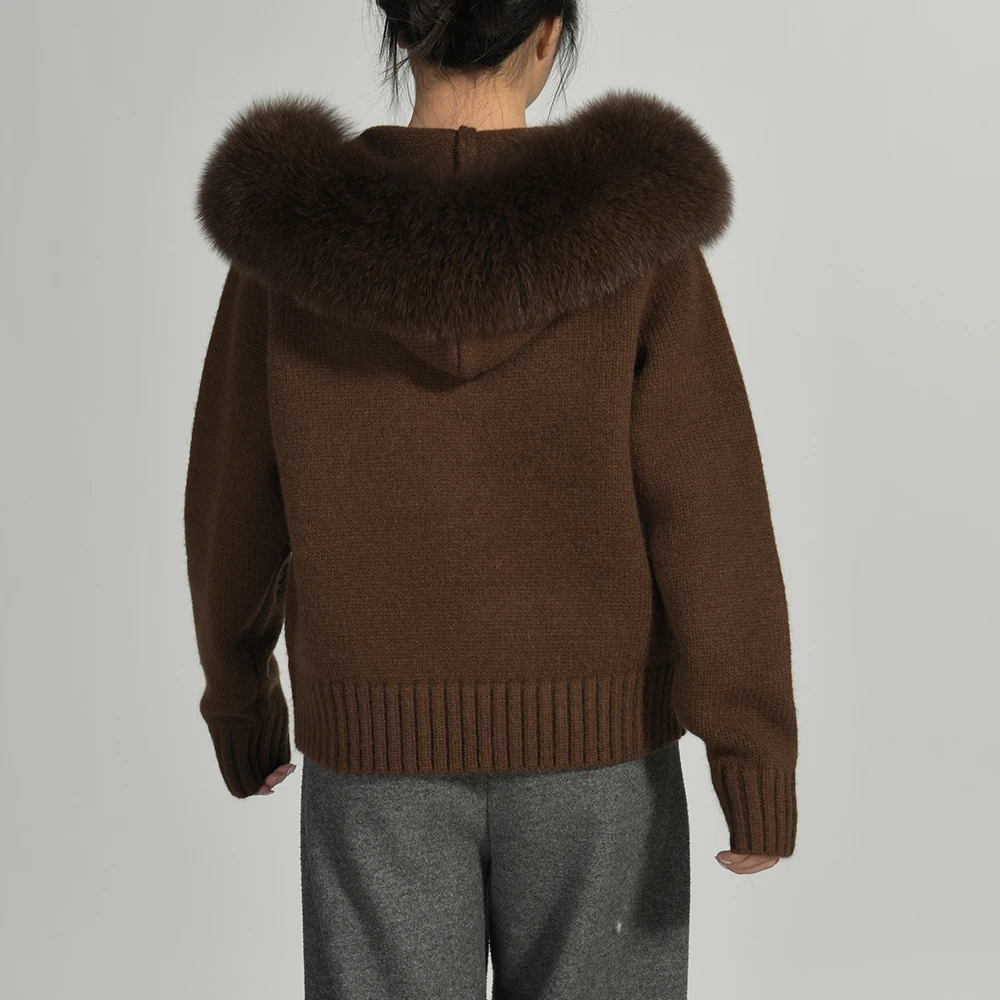 Jxwatcher Maglione da donna con collo in vera pelliccia di volpe Autunno Inverno Casual Top in maglia con cappuccio Cardigan corto in pelliccia naturale 2024 Nuovo