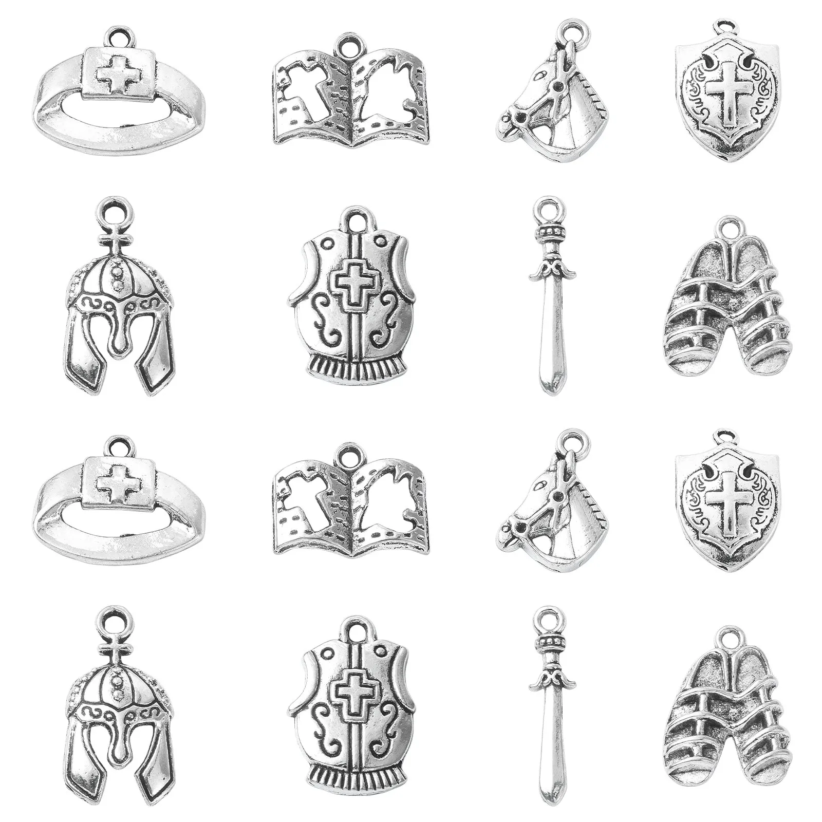 80Pcs 8 Styles Medieval War Theme Charms Tibetan Style Weapon Tool Charms Antique Silver War Charms for Jewelry Making Crafting