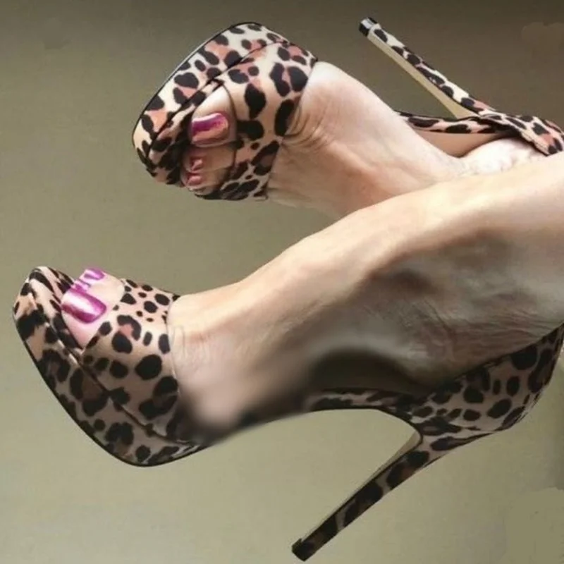 

Leopard Slip On Cut Out Leather Sandals Thin High Heel Peep Toe Fashion Sexy 2025 Summer Big Size Woman Shoes Zapatillas Mujer