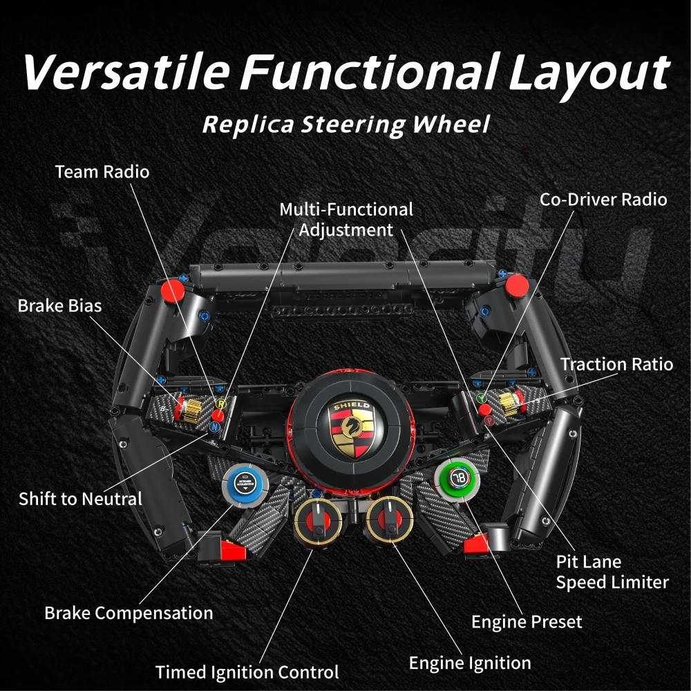 Black Elite Steering Wheel MOC Kit, DIY Phone Holder & Gyroscopic Handle, Knobs & Gears, Cabinet Decor & Best Gift for Racers