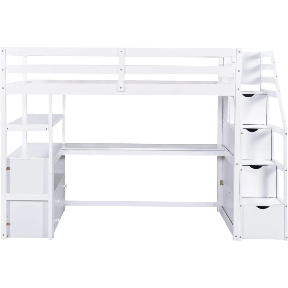 Twin Size Stairway Loft Bed with L Shape Desk, Shelves, Two Tier Drawers and Storage Staircase, Children Beds