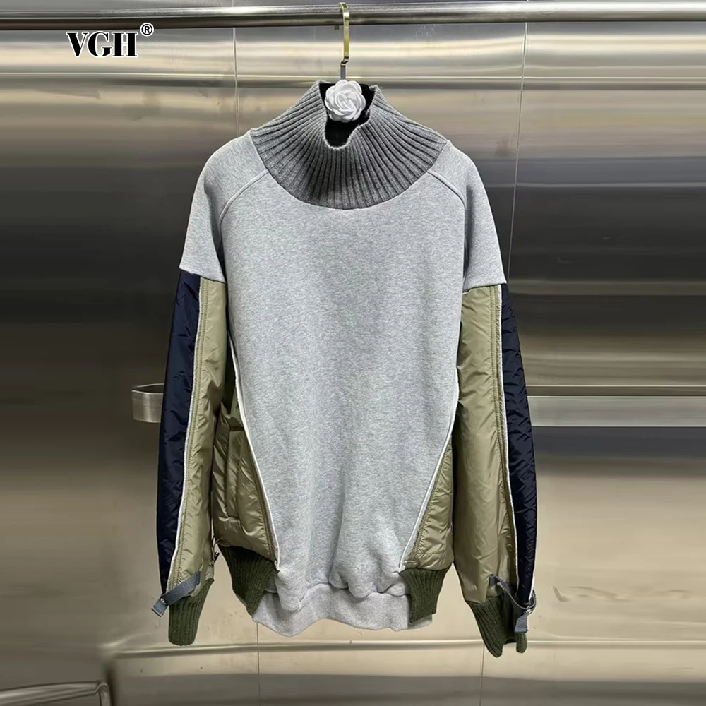 

VGH Hit Color Patchwork Knittting Casual Sweatshirt For Women Turtleneck Long Sleeve Minimalist Pullover Sweatshirts Female New