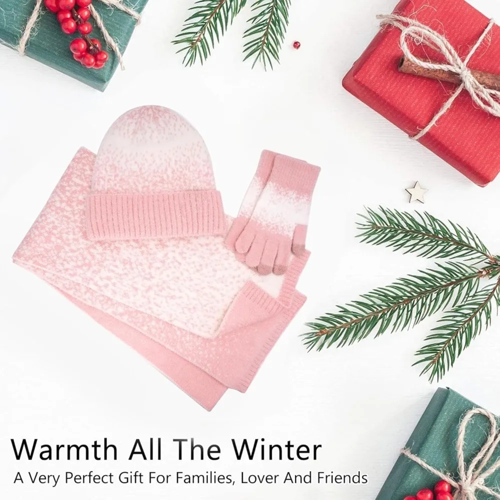 المرأة الشتاء قبعات صغيرة متماسكة وقفازات لمس وشاح طويل مجموعة مع الدافئة صوف مبطن قبعات الجمجمة الأوشحة للنساء