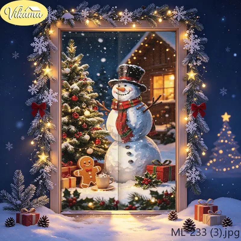 VIKAMA Winter Night Snow Scene Japanese-Style Half Curtain, Christmas Fabric Curtain, Privacy Screen, Entryway Home Decor