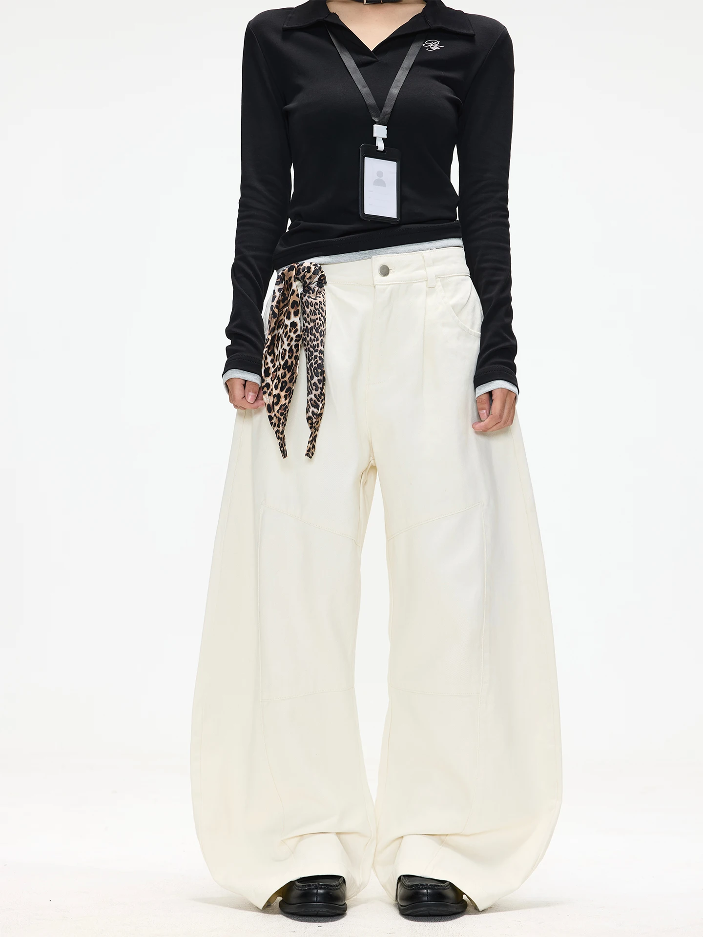 

Chen Stiy Old Store American Leopard Print Belted Banana Work Pants Women Casual Vintage Wide Leg Loose Knife Jeans