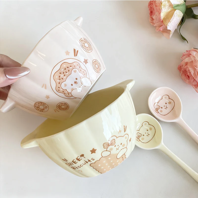1/2 Set Cute Pumpkin-Shaped Ceramic Two-Handled Bowl with Spoon - Salad/Fruit/Soup/CerealBowl, Microwave/Dishwasher Safe