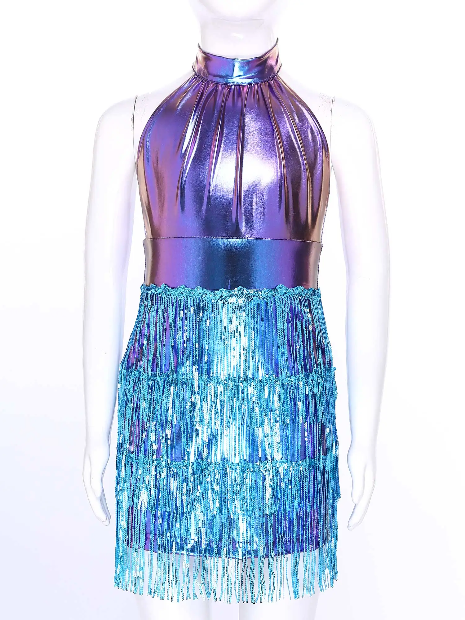 Children Prom Dress Kids Girls Metallic Latin Jazz Disco Dance Dress Sparkling Sequins Stage Performance Costume Birthday Outfit