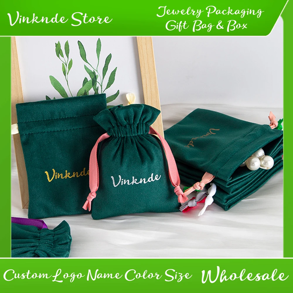 

Personalized Logo Super Soft Green Velvet Pouch for Jewelry Customized Logo Drawstring Velvet Dust Gift Cosmetic Packaging Bag