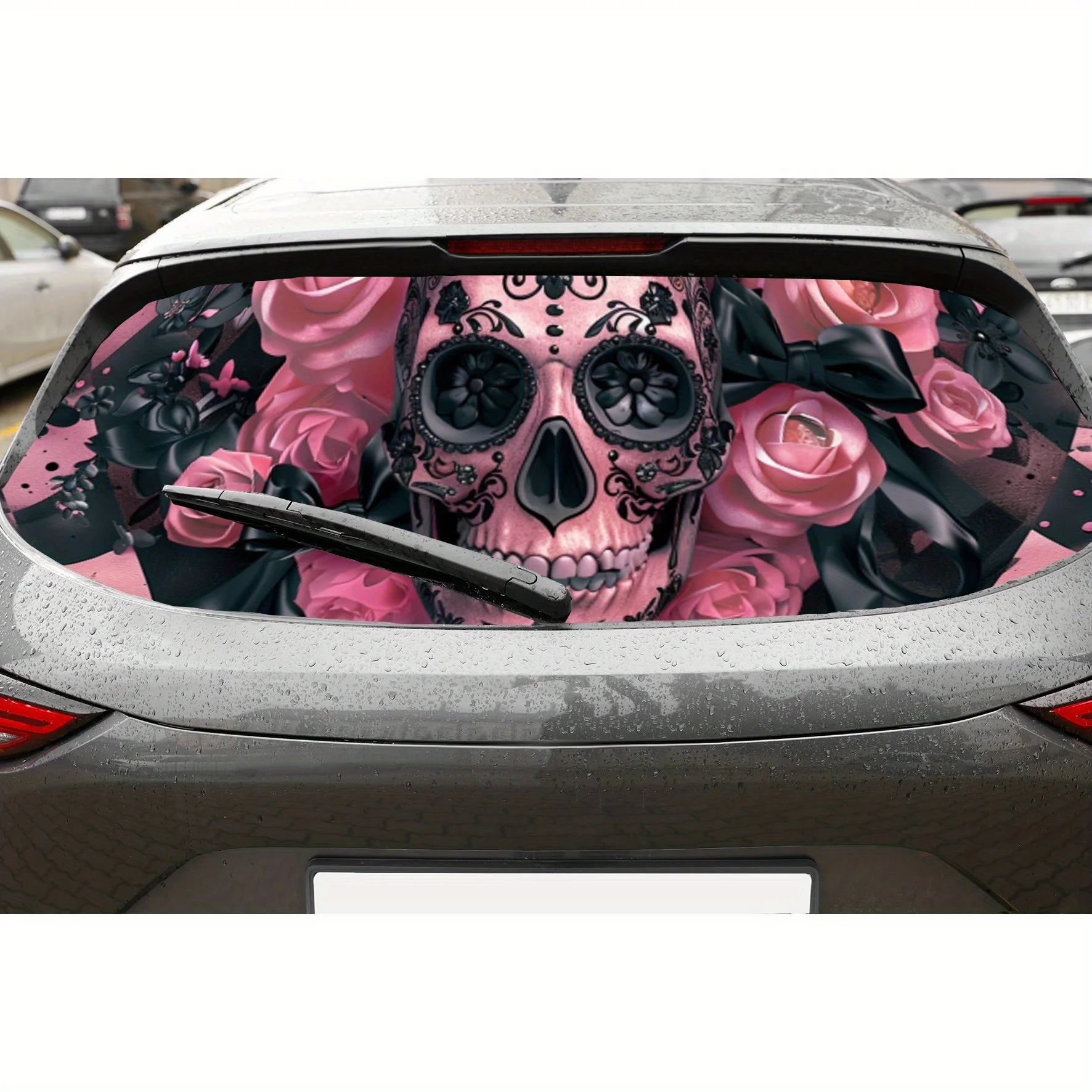 

Pink Skull and Rose PVC Perforated Car Vinyl Wraps, Privacy Enhancing Design for Rear Window, Car Rear Windshield Sticker for Mo