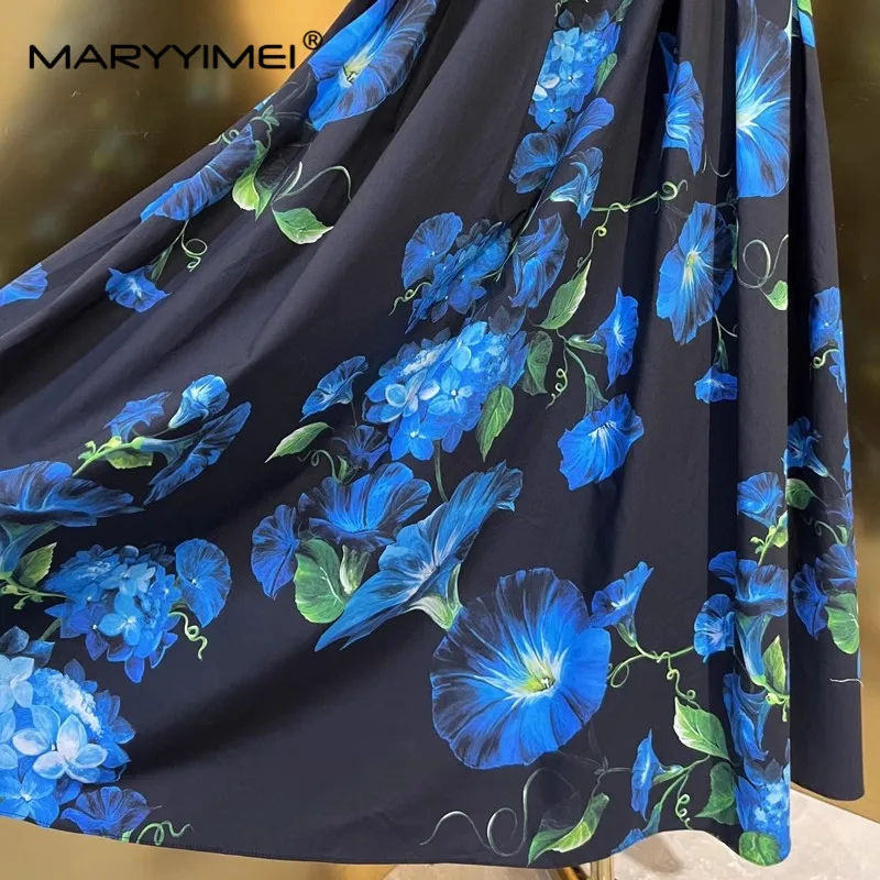 MARYYIMEI New Cotton Weaving Print Pleated Long Skirt 2024 Spring/Summer Blue Slim-Fit Vest Skirt Round Neck Big Swing Dress