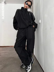 90s Vintage Black Pants Sets Women Y2K Street Zip Up Jacket Loose Wide Leg Track Trousers Gorpcore 2 Piece Set Jogging Tracksuit