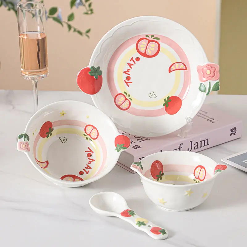 Underglaze Colored Ceramic Bowl Household Tableware Relief Cute Cartoon Instant Noodle Good-looking Rice Bowl New High Aesthetic