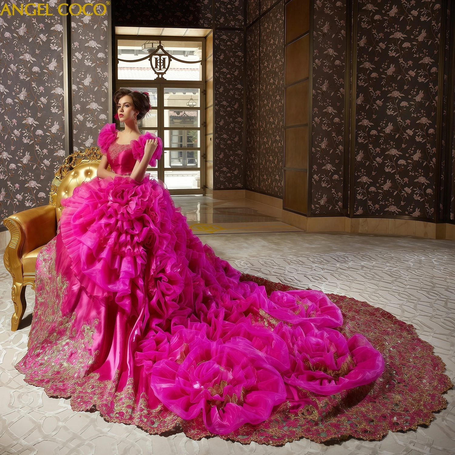 فستان زفاف فاخر المحكمة الملكية مذهلة ثلاثية الأبعاد الزهور التطريز كاتدرائية زي العرائس الكشكشة خمر الملكة فيستدو دي نوفيا