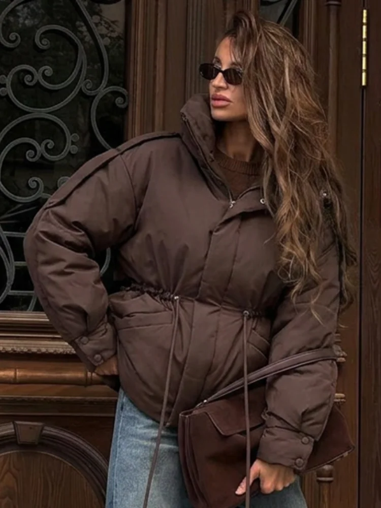 Womens Brown Zip Up Coat Stand Collar Loose Fit Pockets Padded Jacket Autumn Winter Daily Work Streetwear Trendy New Wear
