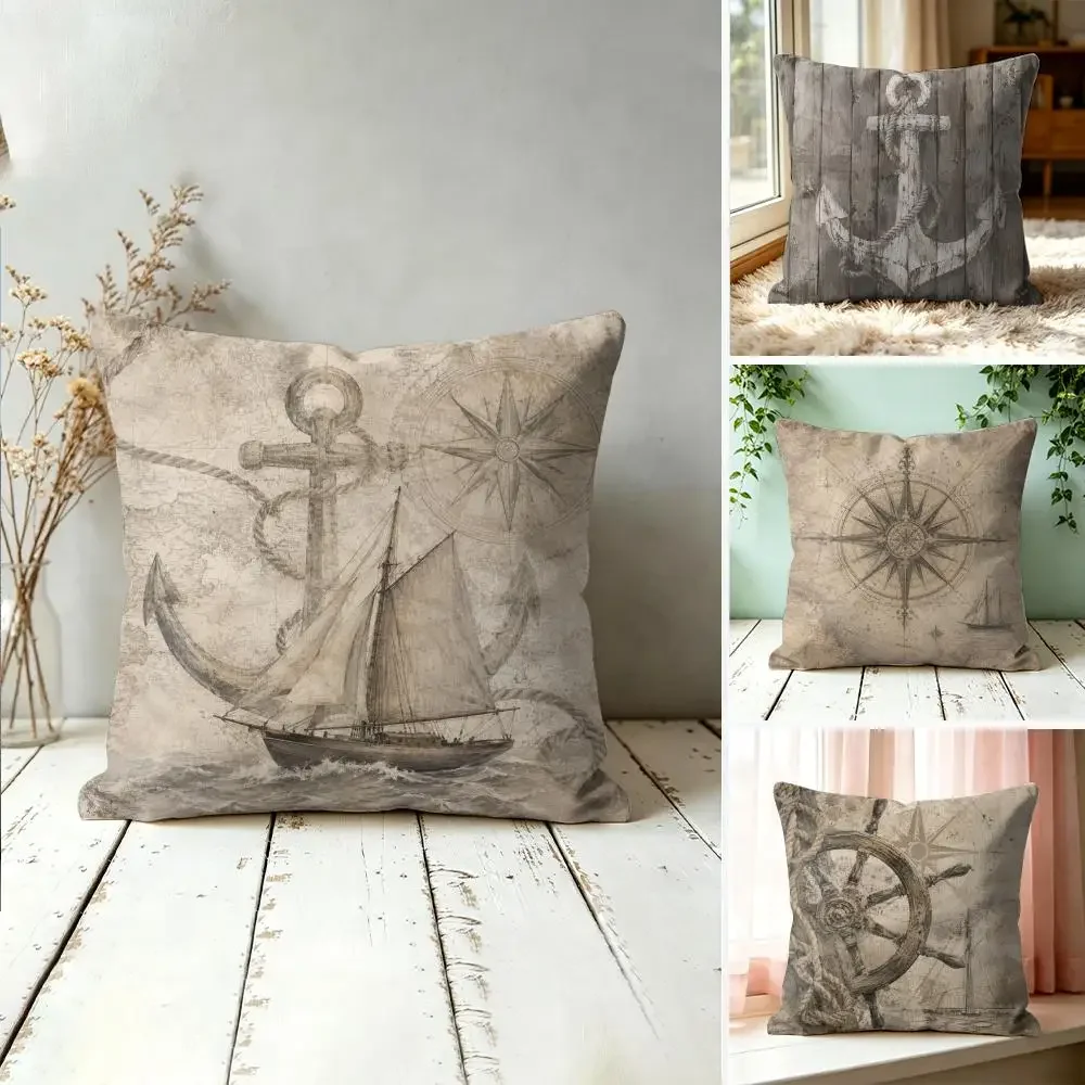 Gray-brown Sailing Anchor Shape Pillow Case Double-Sided Plush Sofa Cushion Covers Organic Breathable Invisible Zipper