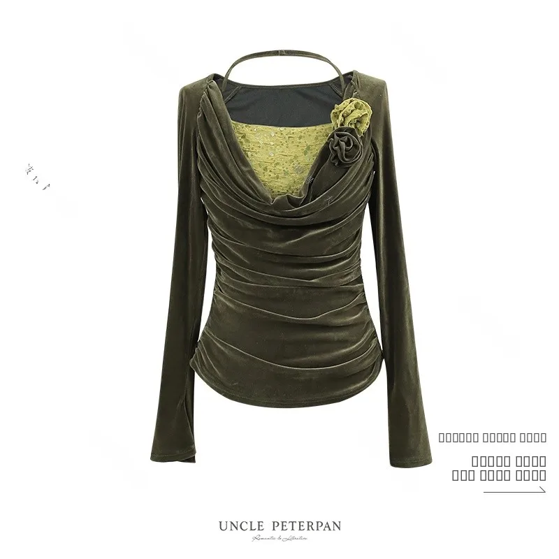 

Мягкая приталенная футболка с воротником Питер Пэн из нейлоновой ткани во французском стиле, с плиссированным дизайном, имитация двухслойности, женский топ для весеннего сезона