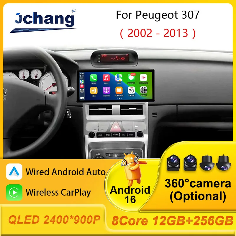 12.3 inch Car Radio for Peugeot 307 2002 - 2013 BT Wireless Carplay Video Android16 Auto GPS Navigation 4G WiFi Multimedia 2.5 D
