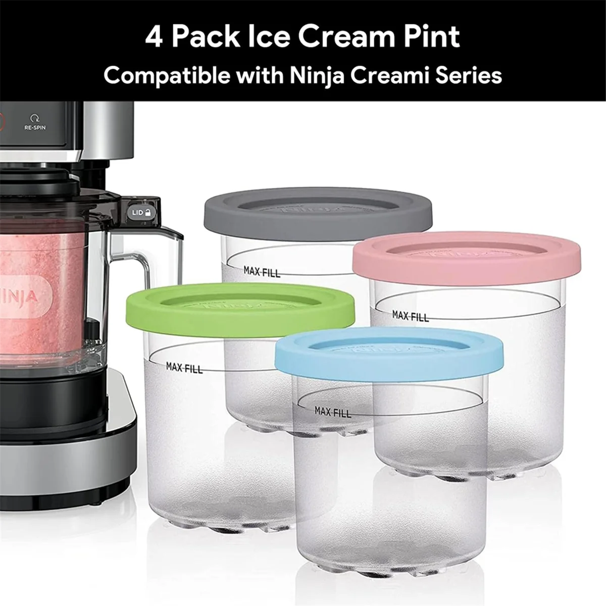 Ice Creami Pints and Lids Replacement Set 16oz Cups for Ninja Creami NC301, NC300, NC299AMZ Series Ice Cream Maker