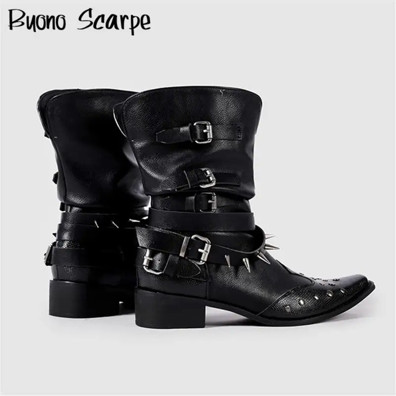 

Женские ботинки на высоком каблуке с заклепками и пряжкой в стиле ретро, однотонные модные ковбойские женские туфли без шнуровки в стиле вестерн в стиле панк