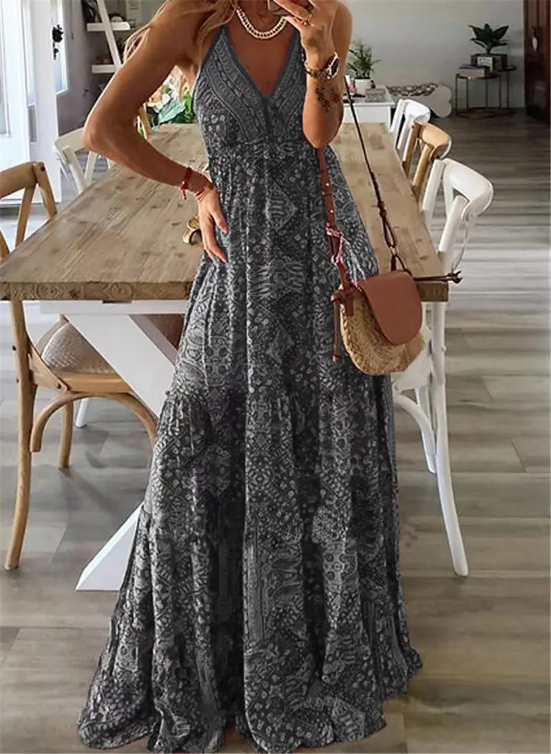 Women's Sleeveless Long Boho Dress Summer Loose Print Spaghetti Strap Flowy Dresses Bohemian Sundress Beachwear Party Vestidos