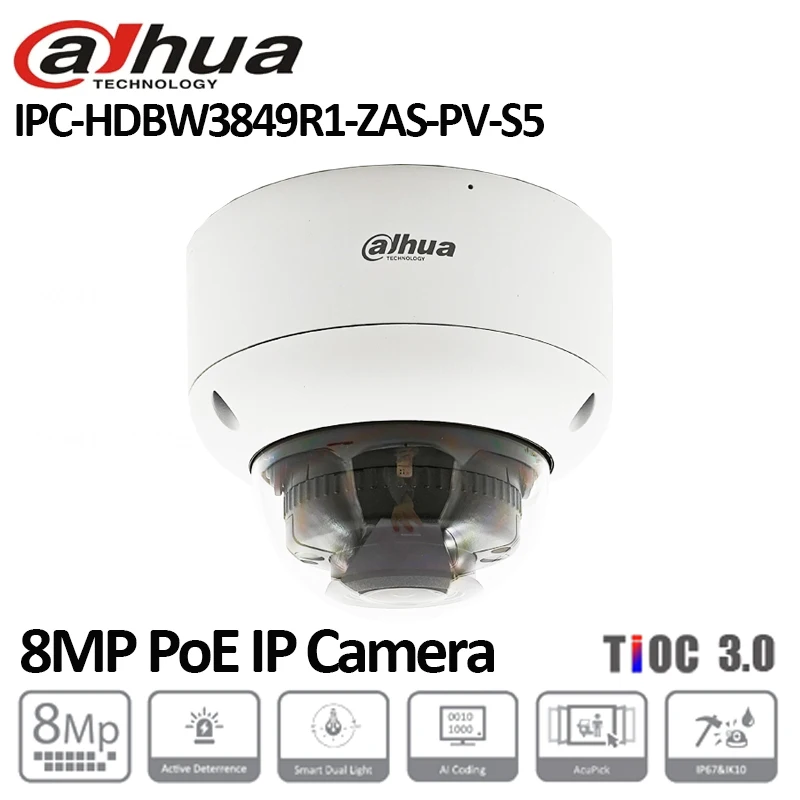 Original Dahua IPC-HDBW3849R1-ZAS-PV-S5 8MP Smart Dual Light Active Deterrence Vari-focal Dome WizSense IP Camera AcuPick IK10