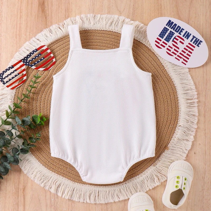 Baby Boy Girl Waffle Overalls Letter Star Embroidery Square Neck Sleeveless 4th of July Romper Toddler Summer Jumpsuit