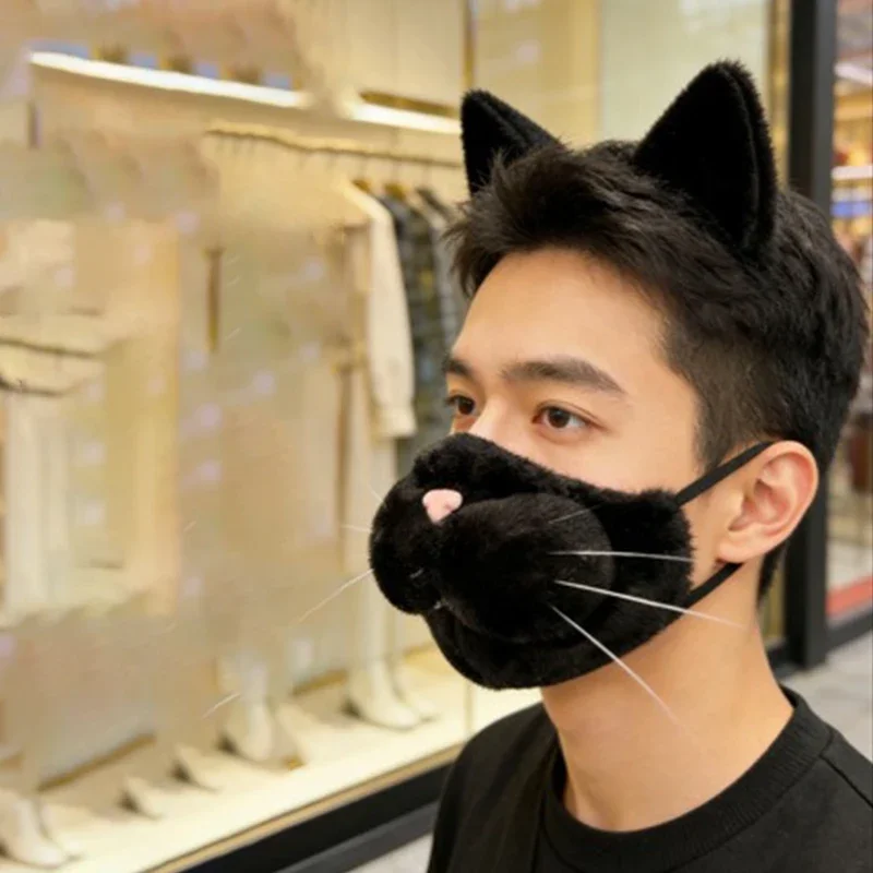Anime Cosplay Faux Fur Cat Mask Movable Jaw Half Face Cute 3D White Cat Plush Mask Carnival Costume Cosplay Props Party Mask