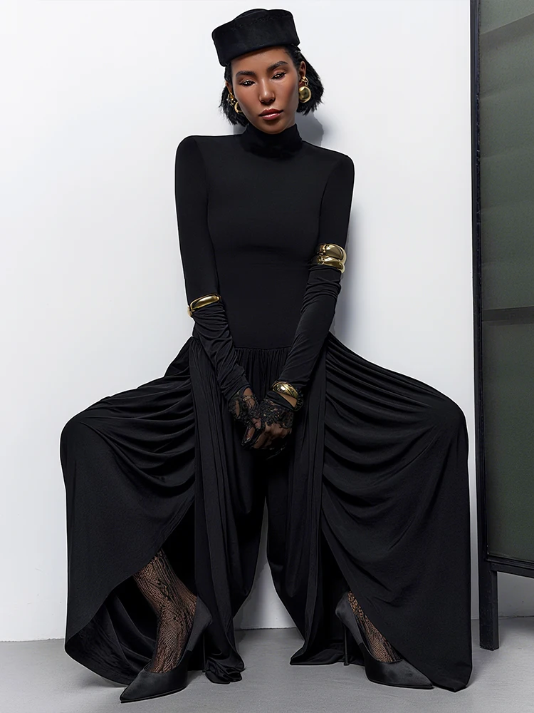 Macheda シンプルカジュアルオフィススタイルジャンプスーツ女性秋トレンドタートルネックフルスリーブストリートソリッドベーシックシャーリングエレガントオーバーオール