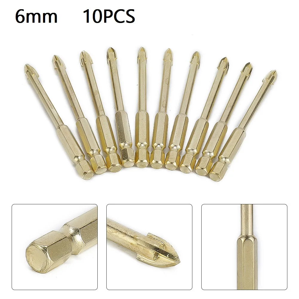 10pcs 6mm Glass Drill TIN Coated Carbide Point With 4 Cutting Edges Hex Shank Ceramic Tile Marble Glass Drilling Bits Power Tool