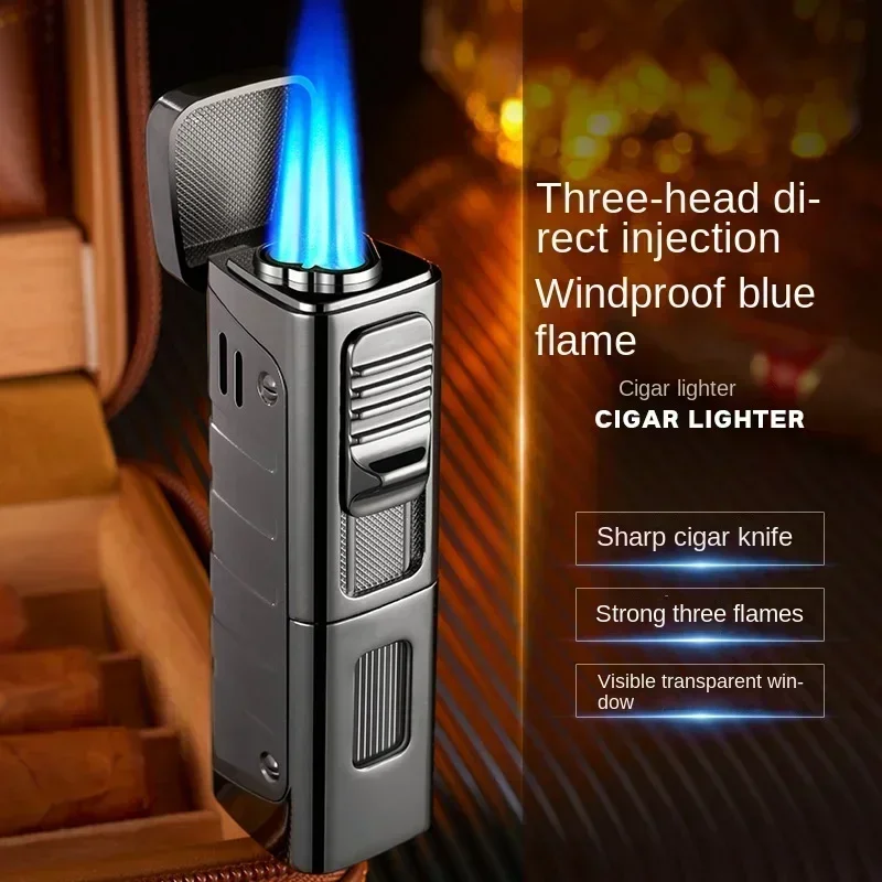 New Metal Windproof Direct Lighter Cigar Blue Flame 3 Jet Torch Gas Butane Cigar Lighters Chamber Smoking Accessories Man Gift