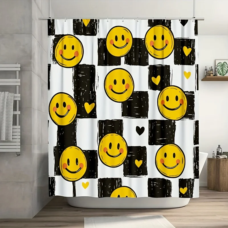 

Funny Smiley Face Shower Curtain Bathroom Decor Yellow Pattern Checkerboard Waterproof Shower Curtain 180x180cm