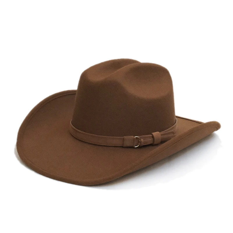 Retro Wide Brim Camel Leather Belt Autumn Winter Warm Women Men Hard Felt Yellowstone Style Cap Cowboy Cowgirl Hat 58-59cm