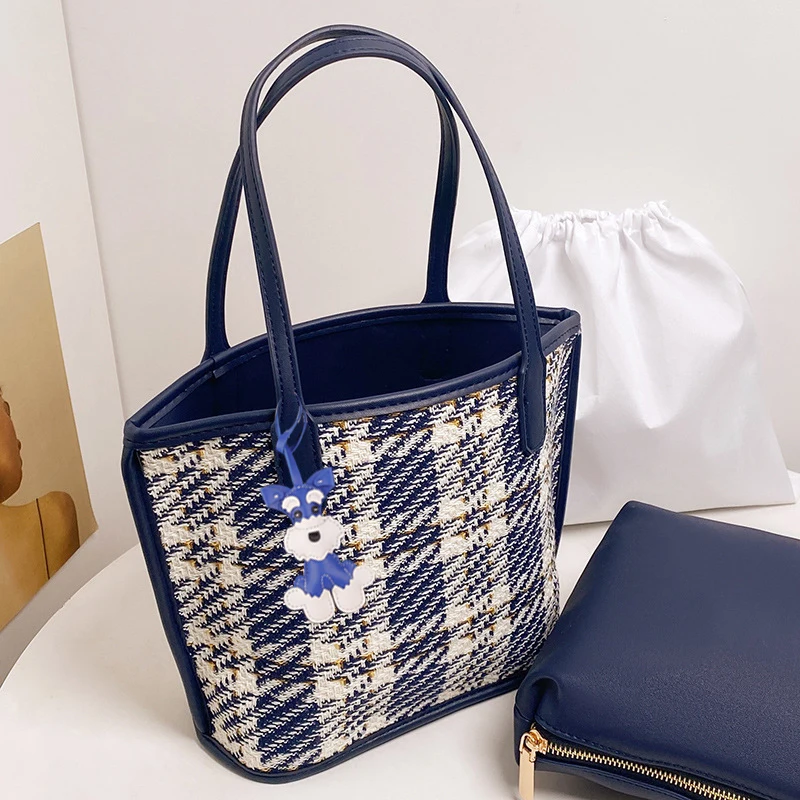 

Plaid Tweed Underarm 2pcs set Shoulder Women Advanced Large Capacity Tote Handbag Simple Vintage Business with Teddy Dog Pendant