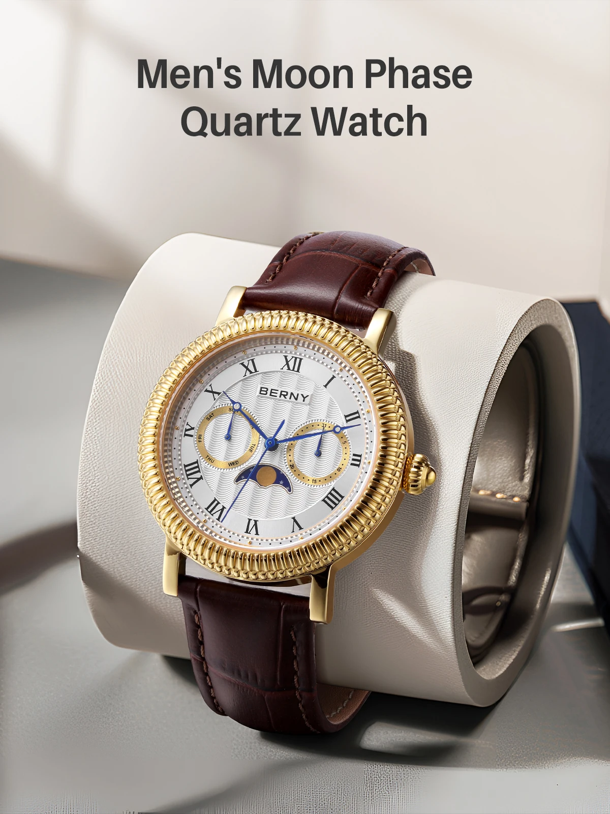 BERNY Uhren für Herren, Luxus-Kleidermarke, Business, Gold, Quarz, echte Monde, Herrenuhr, S/S, Saphir, Kalender, Mondphase-Armbanduhr – Detail 1