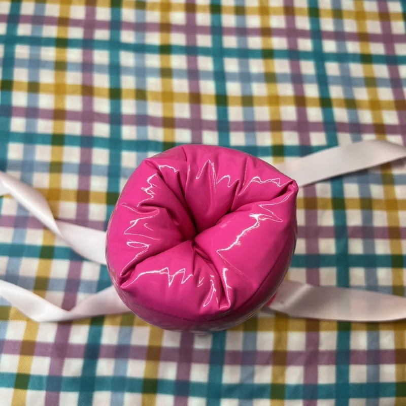 Handmade Man Pink Patent Leather Warm Bondage Design Tube Sleeve Filled Cotton Puffy Male Pocket Sexy Underwear BF Gift