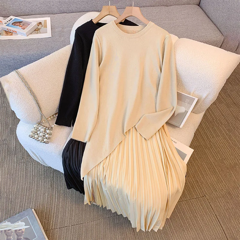 Bomon Autumn/Winter 2024 new fashion patchwork design oblique pleated skirt long fake two casual loose crew-neck knitted dress