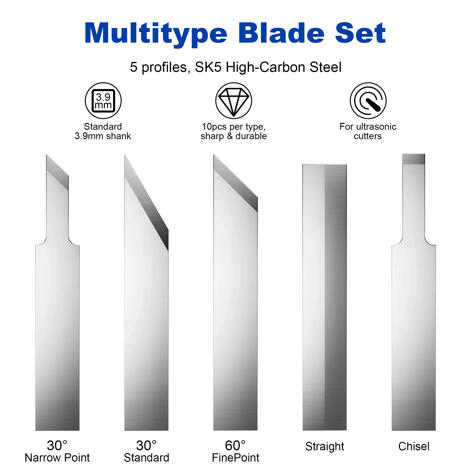 Multi Type Blade Set for Ultrasonic Cutter 30°/60° Fine Point & Straight Chisel Shapes for U1 U2 Ultrasonic Replacement Blades